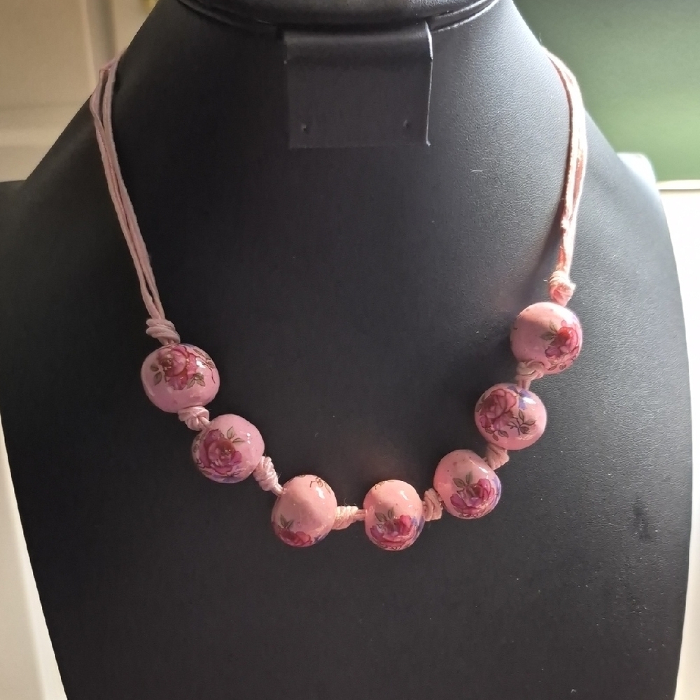 Vintage Painted Ceramic Necklace Floral Roses Spanish Beads